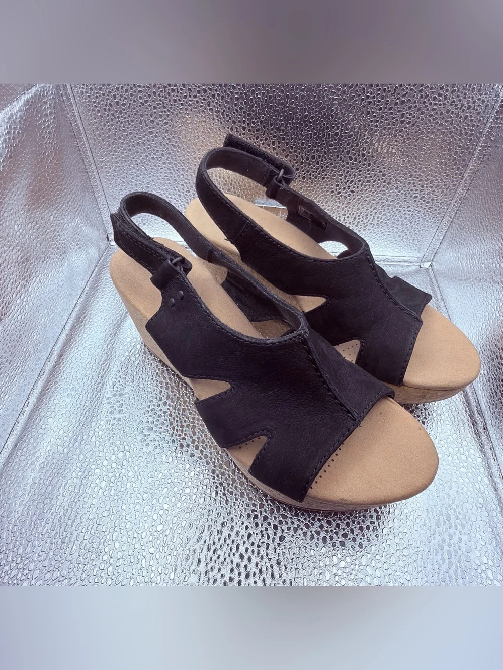 Clarks Black Suede Slingback Wedge Sandals